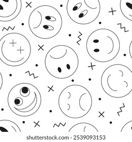 Outline vector illustration. Emoji smile icon seamless pattern on white background. Emoticons faces collection in flat cartoon style for web and social media