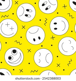 Outline vector illustration. Emoji smile icon seamless pattern on yellow background. Emoticons faces collection in flat cartoon style for web and social media