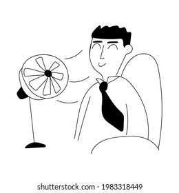Outline vector illustration. Employee sit near fan in hot summer day. 