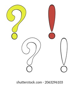An outline vector illustration of exclamation and question marks isolated on transparent background. Designed in different colors as a coloring book page for adults and kids.
