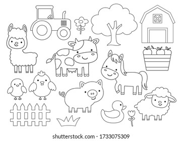 Outline vector illustration of farm animals including cow, horse, pig, chicken, duck, sheep, lamb, llama. Barn animals line art for coloring.
