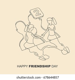 Outline vector illustration of friends from social networks. Happy Friendship Day greeting card with girl and girl.