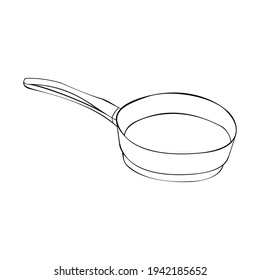 An outline vector illustration of a frying pan isolated on white background. Designed in a classic black and white style for templates, wraps, as a coloring page for adults and kids