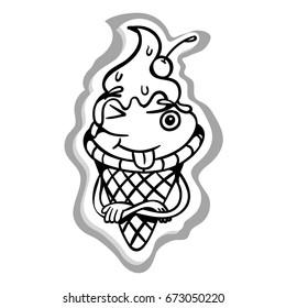 Outline vector illustration of funny cartoon ice cream. Comic summer sticker. Flat design