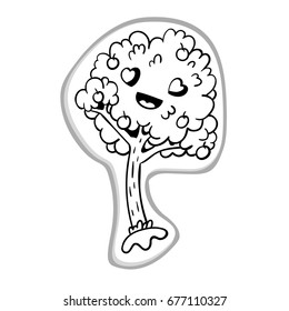 Outline vector illustration of funny cartoon tree in love