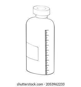 An outline vector illustration of a graduated glass bottle for solutions isolated on white background. Designed in black and white colors for medical concepts