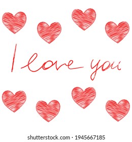 Ilustración del vector de contorno de un grupo de hermosos corazones rojos garabateados brillantes aislados en un fondo blanco con letras I Love You