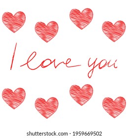 The Outline vector illustration of a group of beautiful bright scribble red hearts isolated on a white background with lettering I Love You