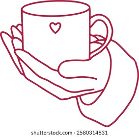 Outline vector illustration of hands holding cup with the heart. Love, romantic, st valentine,s day symbol.