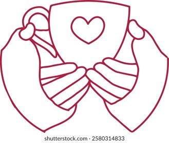 Outline vector illustration of hands holding cup with the heart. Love, romantic, st valentine,s day symbol.