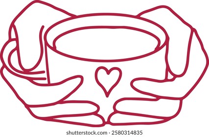 Outline vector illustration of hands holding cup with the heart. Love, romantic, st valentine,s day symbol.