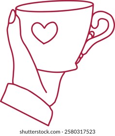 Outline vector illustration of hands holding cup with the heart. Love, romantic, st valentine,s day symbol.