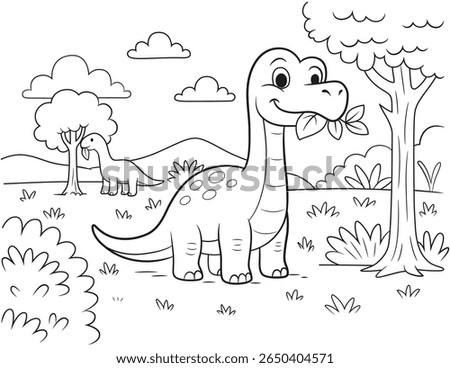 Outline vector illustration of a happy cartoon Brontosaurus dinosaurus munching on leaves, set in a prehistoric landscape with trees, hills, and clouds. Perfect for children's coloring books,