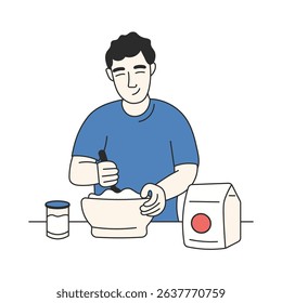Outline vector illustration of a happy man in a blue T-shirt mixing ingredients in a bowl. Flour and a jar on the table. Great for cooking blogs, ads, or recipe content.