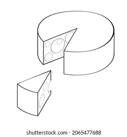 Ilustración esquemática vectorial de un queso de cabeza y una pieza aislada sobre fondo transparente. Diseñado en colores blanco y negro para conceptos web, impresiones, envolturas