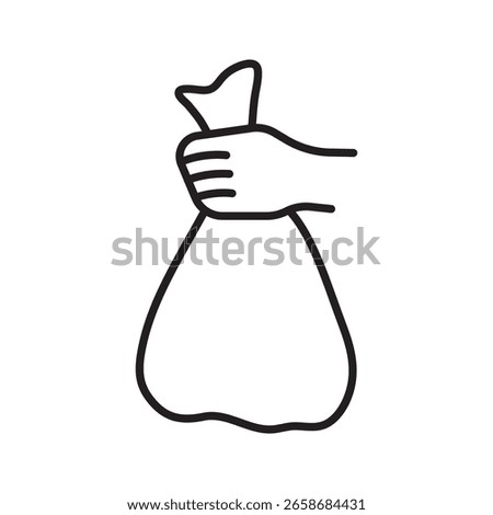 Outline vector illustration of a human hand holding a trash bag. Minimalist black and white line art icon symbolizing waste management