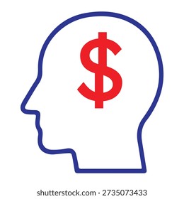 Outline vector illustration of a human head with dollar symbol inside, representing financial thinking, money mindset, or wealth planning.