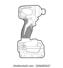 Outline vector illustration of impact driver. Modern hand electric drill with battery or cordless multifunction drill and screwdriver, in trendy flat icon style. Editable graphic resources.