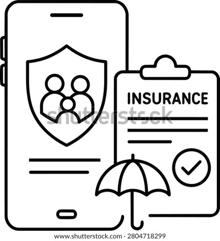 Outline vector illustration of insurance protection with smartphone, family shield and policy document.