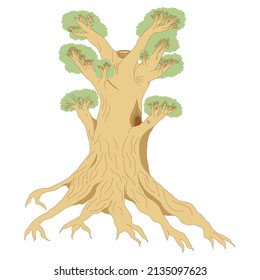 An outline vector illustration of a large tree isolated on transparent background. Designed in brown and green colors for web concepts, templates, prints.