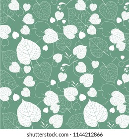 Outline vector illustration of lime tree leaves and flowers, decorative texture background