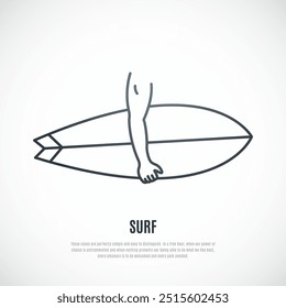 Outline vector illustration of man carries surfboard in his hand. Surfboard line icon.