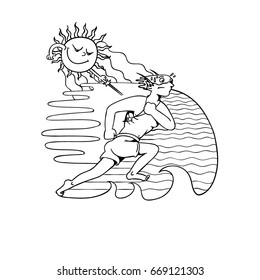 Outline vector illustration of a man running on the beach. Cartoon summer illustration.