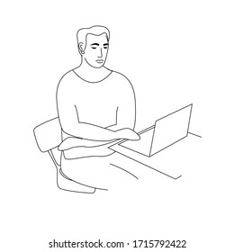 Outline vector illustration of the man working with laptop.