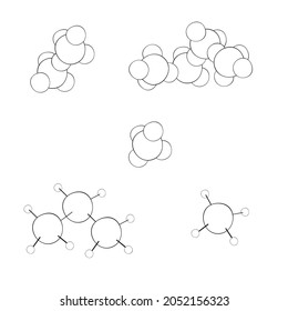 An outline vector illustration of molecules set isolated on transparent background. Designed in black and white colors for medical, chemical, science concepts.