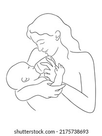 Esbozar ilustración vectorial de la madre alimenta al recién nacido. Mamá dando de comer a un bebé. Concepto de maternidad feliz