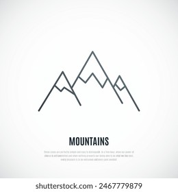 Outline vector illustration of Mountains. Snowy mountains icon isolated on white background.