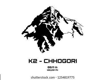 Outline vector illustration of Mt. K2 - Chhogori (8611 m)