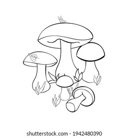 An outline vector illustration of mushrooms with a small warm and a tree leave on the caps surrounded with some grass isolated on white background. Designed in black and white for adults and kids