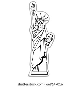 Outline vector illustration. New York, cartoon Statue of Liberty. The hand is a torch. USA. 4 of July celebration icon . Flat design.  