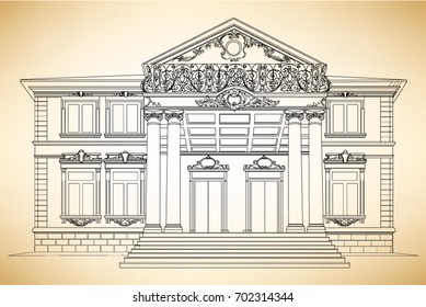 Outline vector illustration of a old building drawing, draft in a classic, historic style with columns.