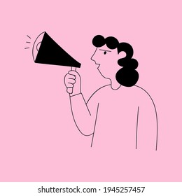 Outline vector illustration on pink background. Female with megaphone. 