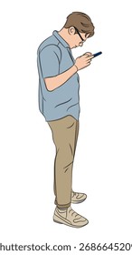 Ilustración vectorial de contorno de un hombre con gafas de pie y mirando atentamente a su teléfono inteligente. Concepto de tecnología móvil y enfoque digital