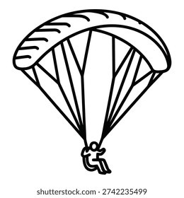 Outline vector illustration of a person skydiving with a parachute open, mid-air against a white background