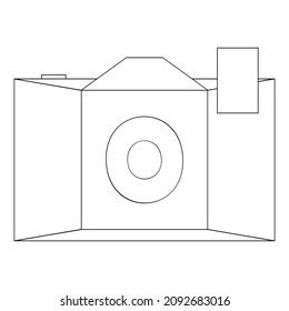 Ilustración de un vector de contorno de la vista frontal de una cámara fotográfica aislada en un fondo transparente. Diseñado en colores blanco y negro para conceptos web 