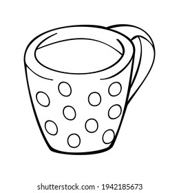 An outline vector illustration of a polka dot decorated coffee mug isolated on white background. Designed in a black and white style for templates, wraps, as a coloring page for adults and kids