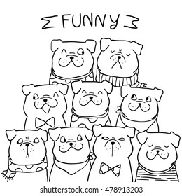 Outline vector illustration of pug dog.Doodle style.