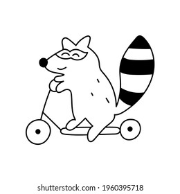 Outline vector illustration. Raccoon driving scooter.