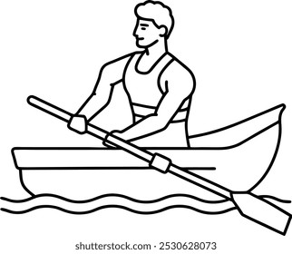 Ilustração vetorial do contorno do transporte fluvial de canoa de pesca de madeira com remo. Linha de esboço de barco. pessoas kayak canoa barco verão atividade esporte estilo de vida uma linha arte design.