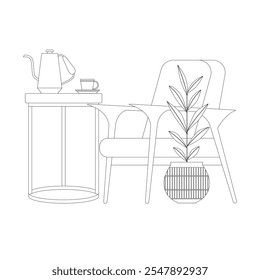 a outline vector illustration of a Scandinavian style interior decor and furniture