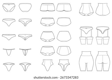 Kontur, Vektorgrafik-Set verschiedener Höschen-Stile für Frauen mit Vorder- und Rückseite, einzeln auf weißem Hintergrund.