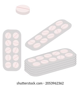 An outline vector illustration of a set of pills and piles of pill blisters isolated on transparent background. Designed in beige, grey colors for medical concepts
