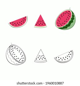 An outline vector illustration of six watermelon pieces isolated on white background. Designed in red and green colors for prints, wraps as a coloring page for kids and adults.