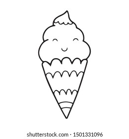 Outline vector illustration with smiling ice cream .
Perfect for coloring book for kids and adults. Lovely small icons.