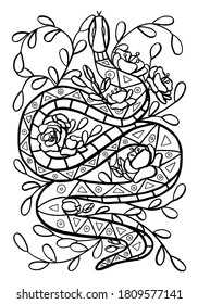 Outline Vector Illustration Of Snake, Serpent, In Flowers And Leaves For Anti-stress Coloring Book Or Tattoo Isolated On A White Background. Coloring Page For Adults And Children, Zen Tangle, Doodle