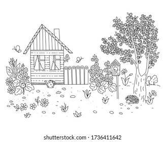 Outline vector illustration of the spring pastoral scene house, yard, garden, blooming trees, flowers, simple hand drawn style image for coloring book